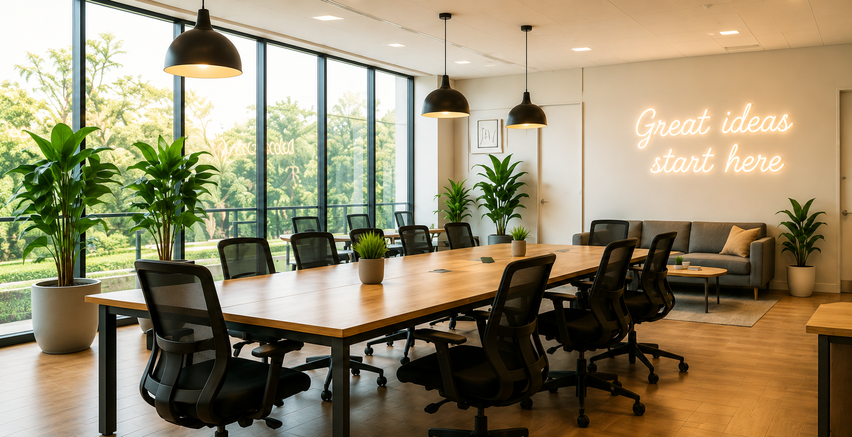 Bright shared executive board table lounge layout