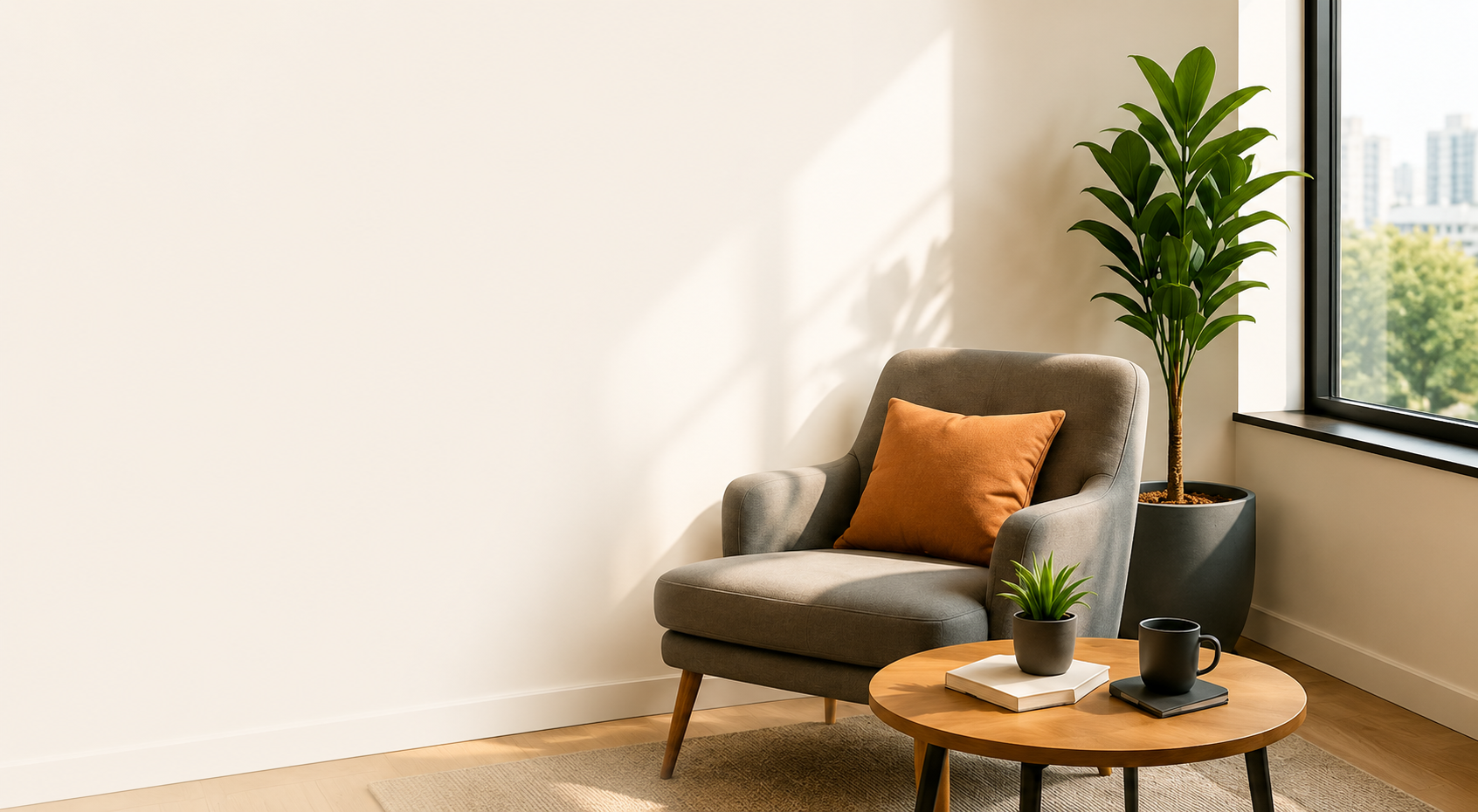 Comfortable armchair workspace with coffee table setup